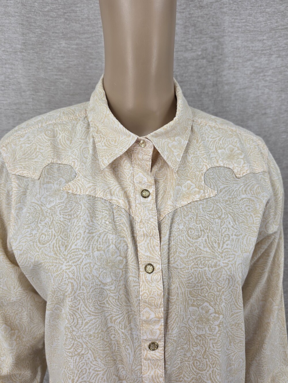 Wrangler Neutral Beige Tropical Hibiscus Floral Pearl Snap Long Sleeve Shirt - Picture 2 of 8